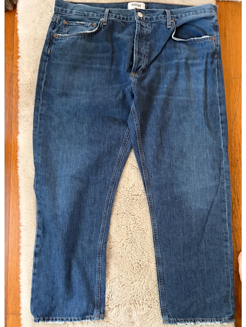 Agolde Parker Straight Leg Jeans - Medium Blue Denim with Tan Stitching